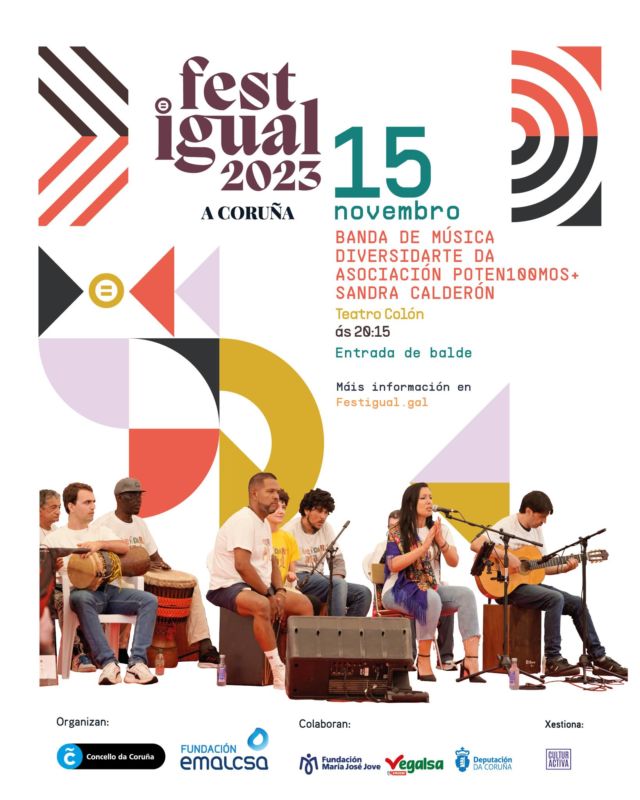🟩 O 15 de novembro temos unha cita no Teatro Colón!

A Asociación Poten100mos trae o seu espectáculo de percusión da banda DiversidArte xunto coa artista Sandra Calderón.  Un espectáculo que fará, sen dúbida, bailar a todo o público nunha celebración pola paz e a inclusión social.

🔔15 de novembro, ás 20.15h
📌Teatro Colón
🎟️ Entrada libre e de balde ata completar aforo. Non é preciso retirar convite previo.

Festigual, o festival de todas.

🔹 Do 1 de novembro ao 3 de decembro na #Coruña 
👉 Segue as últimas novidades a través do hastag #Festigual2023
📱Programación completa en festigual.gal