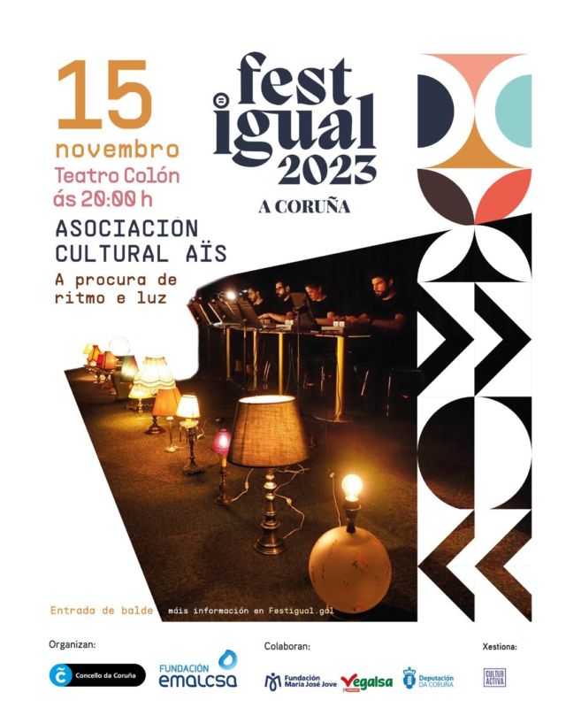 🟩 O 15 de novembro temos unha cita no Teatro Colón!
A Asociación Cultural AÏS trae o seu espectáculo "A procura de ritmo e luz". Un concerto multimedia creado por persoas con diversas capacidades auditivas. Lámpadas, interruptores e chasquidos. Serán a base para este espectáculo performativo onde a música contemporánea dialoga coas artes visuais do século XXI.

🔔15 de novembro, ás 20.00h
📌Teatro Colón
🎟️ Entrada libre e de balde ata completar aforo. Non é previso retirar convite previo.

Festigual, o festival de todas.
🔹 Do 1 de novembro ao 3 de decembro na #Coruña 
👉 Segue as últimas novidades a través do hastag #Festigual2023
📱Programación completa en festigual.gal

@coruna_gal @fundemalcsa @fundacionmariajosejove @vegalsa_eroski @culturadadeputaciondacoruna @culturactiva_coop
