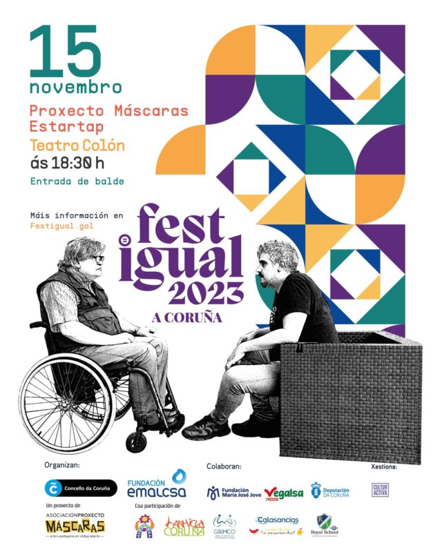 🟩 O 15 de novembro temos unha cita no Teatro Colón!

A Asociación Proxecto Máscaras presenta a súa curta "Estártap" que nos sitúa no 2020 e rememora algunhas das situacións que as protagonistas viviron durante a pandemia.

🔔15 de novembro, ás 18.30h
📌Teatro Colón
🎟️ Entrada libre e de balde ata completar aforo. Non é previso retirar convite previo.

Festigual, o festival de todas.

🔹 Do 1 de novembro ao 3 de decembro na #Coruña 
👉 Segue as últimas novidades a través do hastag #Festigual2023
📱Programación completa en festigual.gal