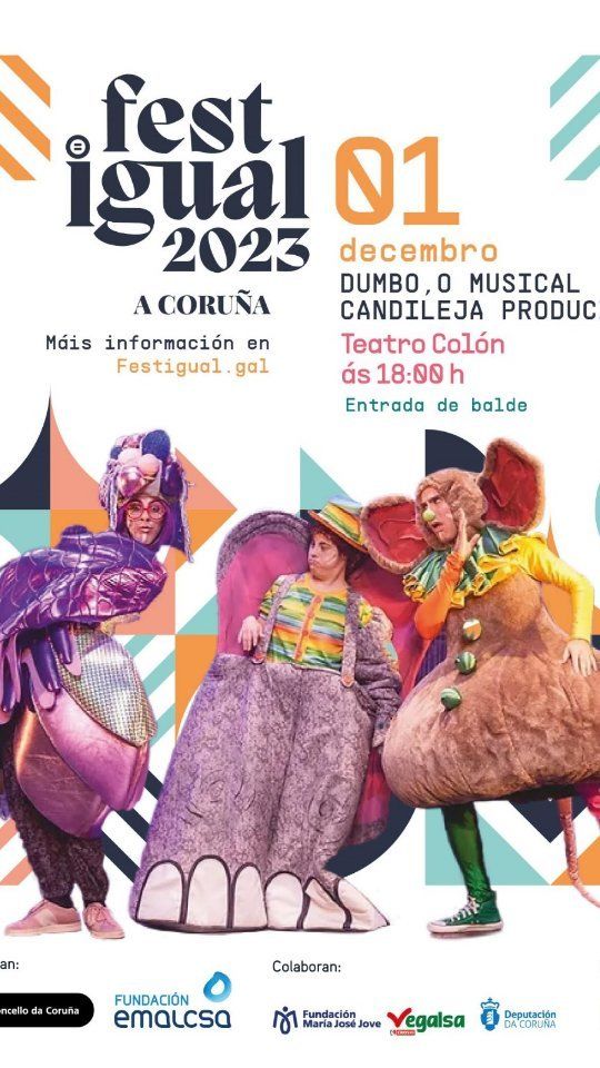 HOXE
🔷 "Dumbo" no Festigual 2023

👂 Da igual o tamaño das nosas orellas. Todas temos algo que dicir - e que escoitar -.

Un espectáculo para toda a familia que fala, a través do humor, dun tema á orde do día: o acoso escolar.

En Candileja Producións cren que non existe mellor personaxe ca Dumbo para representar a quenes se sinten - ou fan sentir - diferentes.

🔔 1 de decembro, ás 18.00h
📌 Teatro Colón
🎟 Entrada libre e de balde ata completar aforo. Non é previso retirar convite previo.